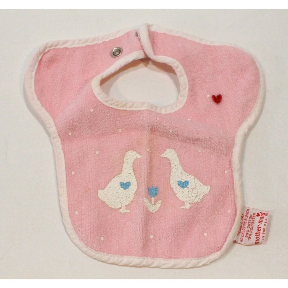 Vintage 1980s Baby Terry Cloth Bib Mother Maid Pink w/ Goose Geese Hearts Flower